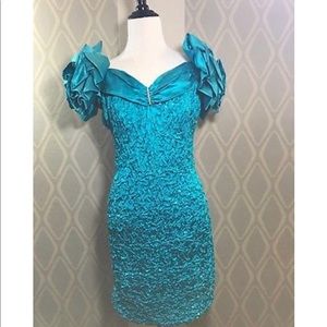 1980s Prom Dress Zum Zum Turquoise Crinkle Sequin